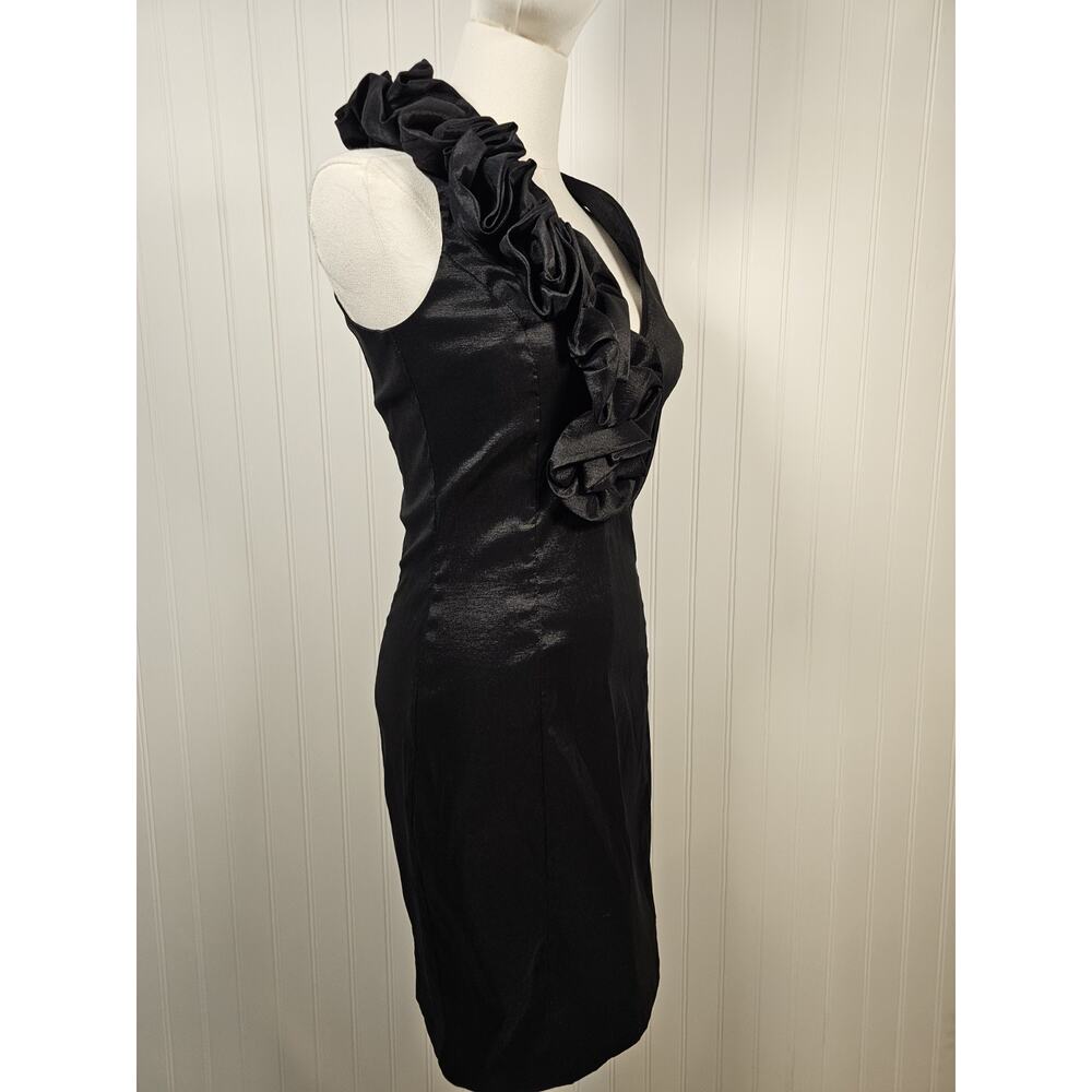 Cache Black Ruffle Bodycon Cocktail Party Mini V-Neck Dress Women's Size 8 - Picture 3 of 6